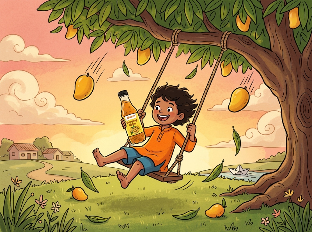 Cartoon kid on a swing with a Spark bottle