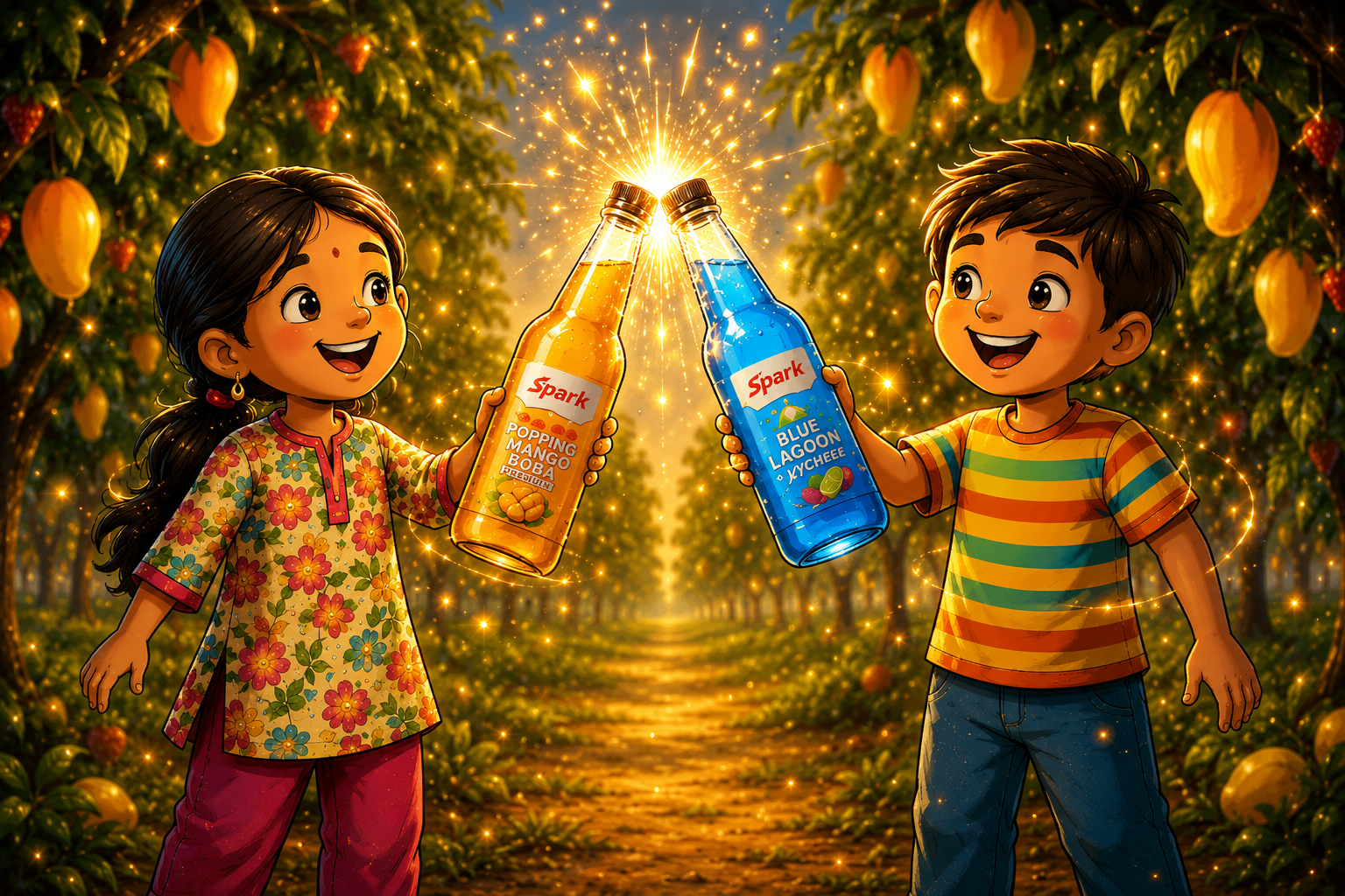 Two kids clinking Spark bottles with a golden spark