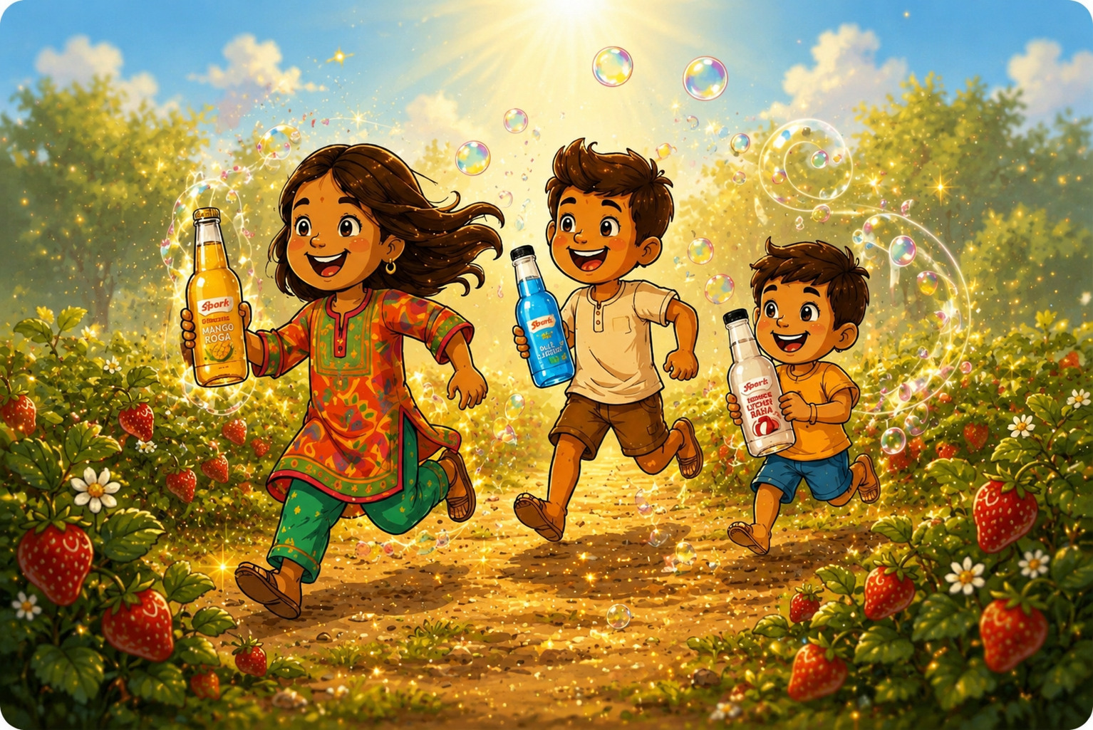 Cartoon kids running through a sparkling orchard with Spark bottles