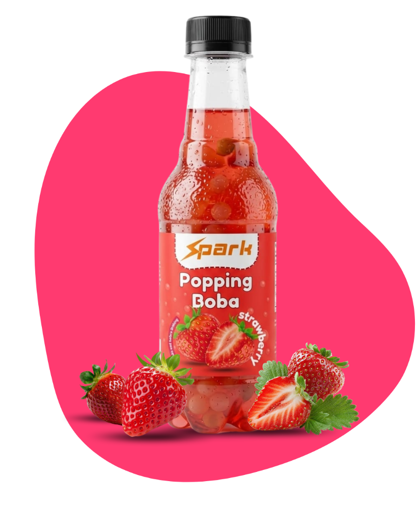 Spark Popping Boba Strawberry bottle in a green wooden crate